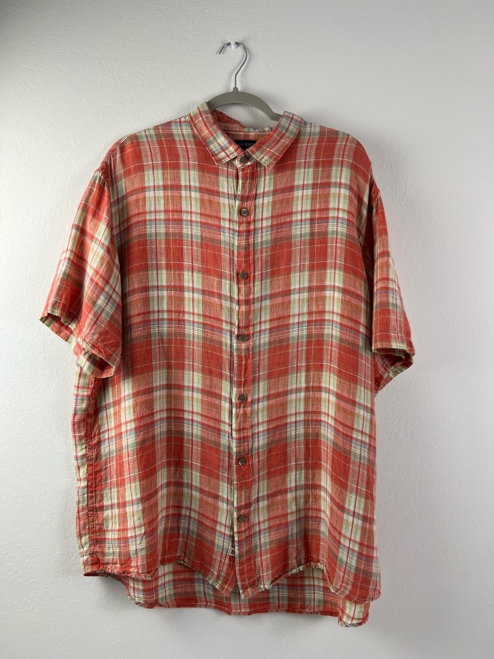 Lands’ End Linen Plaid Short Sleeve Traditional Fit Button Down